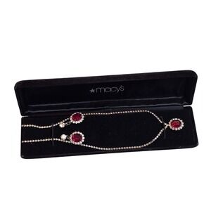 Macy's Gold Tone Necklace Earrings Set Red Crystal Rhinestones Velvet Box